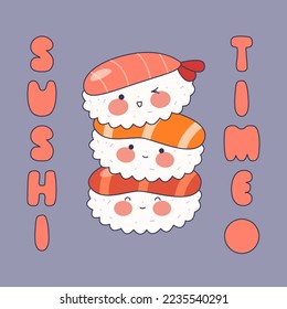 El sushi se monta con cara sonriente y mejillas rosadas.  Hora de sushi. Kawaii roca. Cocina tradicional japonesa. Ilustración vectorial de material.