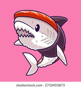 Ilustración vectorial linda de la historieta del tiburón del sushi. Icono de comida animal 
Concepto Vector Premium aislado. Estilo plano de la historieta 
