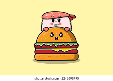 Cute Sushi shrimp cartoon character hiding in burger illustration in flat modern design