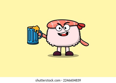 Cute Sushi shrimp cartoon mascot character with beer glass and cute stylish design flat illustration