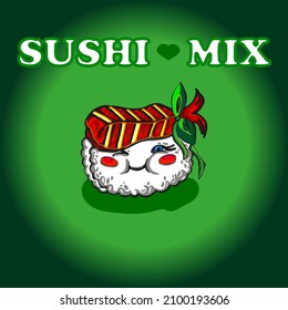 Cute sushi smiles with ruddy cheeks. Kawaii roll with tuna on a green gradient background.