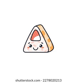 Cute sushi with smiling face emoji, cartoon vector illustration isolated on white background. Triangle kawaii sushi with salmon. Concept of sushi restaurant and traditional Japanese cuisine.