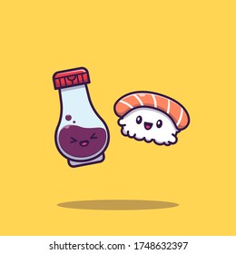 Cute Sushi With Soy Sauce Cartoon Vector Icon Illustration. Sushi Food Icon Concept Isolated Premium Vector. Flat Cartoon Style 