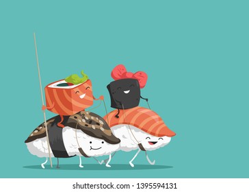Cute sushi are walking. Vector illustration.