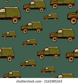 Cute SUV car seamless pattern. Kids hand drawn automobile background. Doodle boy transport wallpaper. Design for fabric, textile print, wrapping, cover. Vector illustration