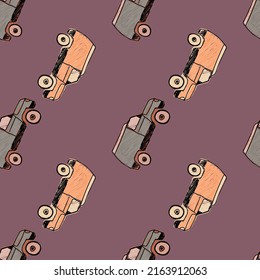 Cute SUV car seamless pattern. Kids hand drawn automobile background. Doodle boy transport wallpaper. Design for fabric, textile print, wrapping, cover. Vector illustration