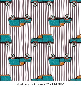 Cute SUV car seamless pattern. Kids hand drawn automobile background. Doodle boy transport wallpaper. Design for fabric, textile print, wrapping, cover. Vector illustration