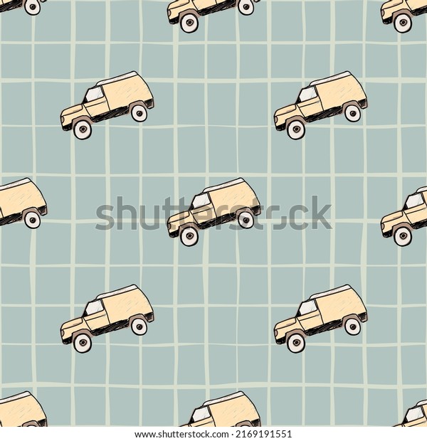 Cute SUV car\
seamless pattern. Kids hand drawn automobile background. Doodle boy\
transport wallpaper. Design for fabric, textile print, wrapping,\
cover. Vector\
illustration
