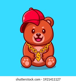 Cute Swag Bear With Hat And gold chain necklace Cartoon Vector Icon Illustration. Animal Fashion Icon Concept Isolated Premium Vector. Flat Cartoon Style