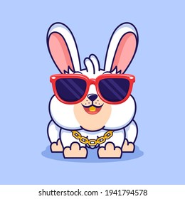 Cute Swag Bunny With Hat And Gold Chain Cartoon Vector Illustration Icon Design.