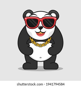 Cute swag panda with hat and gold chain cartoon vector illustration icon design.