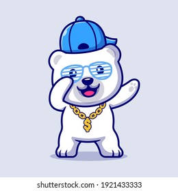 Cute Swag Polar Bear With Hat And Gold Chain Necklace Cartoon Vector Icon Illustration. Animal Fashion Icon Concept Isolated Premium Vector. Flat Cartoon Style