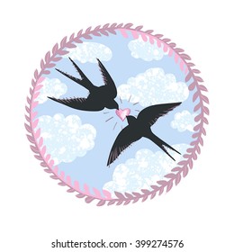 Cute swallows in love, vector illustration. Background with floral wreath and sky.