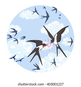Cute swallows in love, vector illustration.