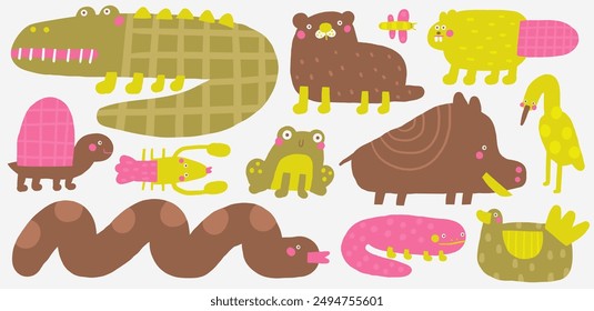 Cute swamp funny hand drawn doodle animals set with salamander, duck, snake, turtle, toad, heron, boar, otter, cancer. Cartoon style nature objects set. Marsh, wetland, backwater, pond lake decorative