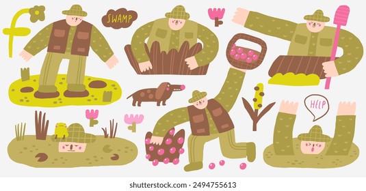 Cute swamp funny hand drawn doodle people set with fisherman, man in boat, drowning boy, person with dog, harvest, man in bush, male on lake. Marsh, wetland, backwater, pond, decorative set