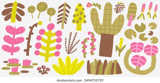 Cute swamp funny hand drawn doodle plants set with flowers, trees, water lily, leaf, branch, grass. Cartoon style nature elements set. Marsh, wetland, backwater, pond, lake decorative collection