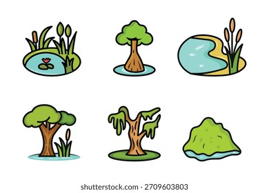 Süße Sumpf Landschaft Cartoon, Vektorgrafik-Kollektion einzeln auf transparentem Hintergrund