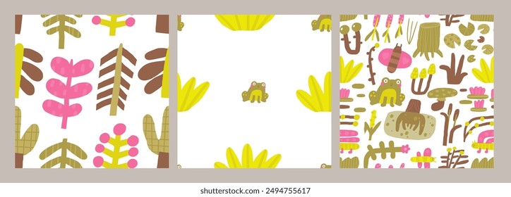 Cute swamp nature seamless patterns set. Funny hand drawn doodle repeatable pattern with plants, trees, frog, moth, reed, toad. Morass, wood theme background