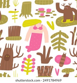 Cute swamp, wild nature seamless pattern. Funny hand drawn doodle repeatable pattern with mermaid, dry tree, trees, butterfly, plants, mushroom. Wild pond, morass, bog theme background