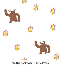 Cute swamp, wild nature seamless pattern. Funny hand drawn doodle repeatable pattern with beast, monster, creature, spirit. Wild pond, morass, bog theme background