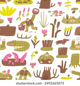 Cute swamp, wild nature seamless pattern. Funny hand drawn doodle repeatable pattern with man, reed, plant, crocodile, monster, dog. Wild pond, morass, bog theme background