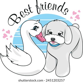 Cute swan baby and puppy dog are best friends. Vector