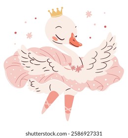 Cute swan ballerina dancing ballet, ballet tutu. Flat vector illustration in simple child style 