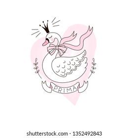 Cute swan bird in crown and ribbon bow. Ballet themed vector illustration. Simple linear pink colored graphics for girlish design, t-shirt fashion print, wall art poster.