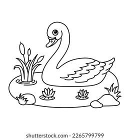 Cute swan cartoon characters vector illustration. For kids coloring book.