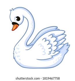 Cute swan in cartoon style on a white background. Vector illustration with a beautiful bird.