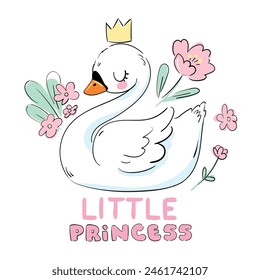 Ilustración vectorial de dibujos animados de Cute Swan. Niños dibujados a mano Print Pequeña princesa