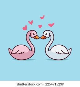 Cute swan couple love heart cartoon vector illustration animal nature isolated free