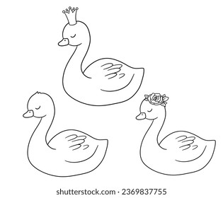 Cute Swan with crown and floral wreath. Black and white cartoon illustration for childish coloring book