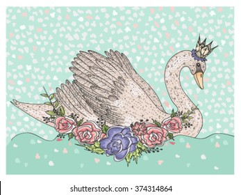 cute swan with crown and flowers fairytale background