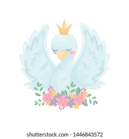 Cute swan with a crown on his head. Vector illustration on white background.