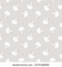 Cute Swan and Floral seamless pattern 