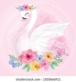 Cute swan with flower illustration