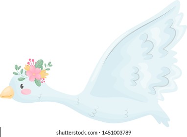 Cute swan is flying. Vector illustration on white background.