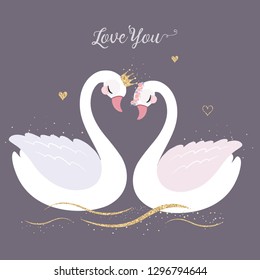 Cute Swan with gold glitter crown for wedding invitation. 