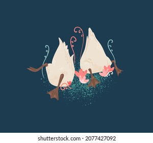 Cute swan kids vector illustration. Swan clipart hand drawn element for kids products. Ducks in the pond funny print for your design.