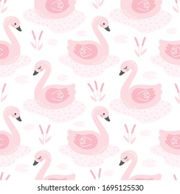 Cute swan in the lake seamless background repeating pattern, wallpaper background, cute seamless pattern background