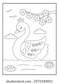 Cute Swan with nature background coloring page for kids. Funny animal outline vector illustration.