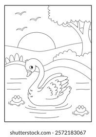 Cute Swan with nature with big sun background coloring page for kids. Funny animal outline vector illustration.