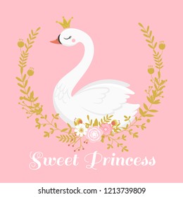 Cute swan princess. Beautiful lake swans bird in golden crown, sweet princess child girl gift card, swan duckling queen romantic fairytale nursery wallpaper cartoon vector illustration