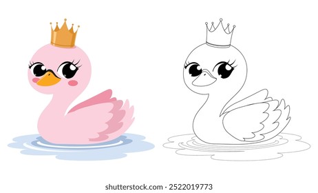 Cute Swan Princess cartoon coloring pages for children education