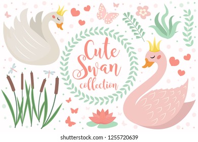 Cute swan princess character set of objects. Collection of design element with swans, reeds, water lily, flowers, plants. Kids baby clip art funny smiling animal. Vector illustration