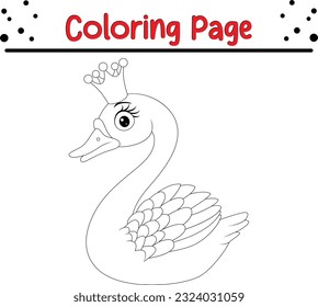 Cute Swan Princess coloring pages for children. Black and white cartoon illustration