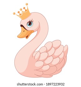 Cute Swan Princess with crown. Cartoon vector illustration
