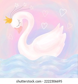 Princesa cisne con corona sobre fondo rosa suave, camiseta, ducha de bebé, tarjeta de saludo, plantilla de ropa para niños. Ilustración vectorial.